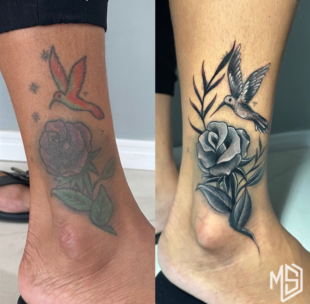 Reforma de tatuagem Flor e Beija-Flor